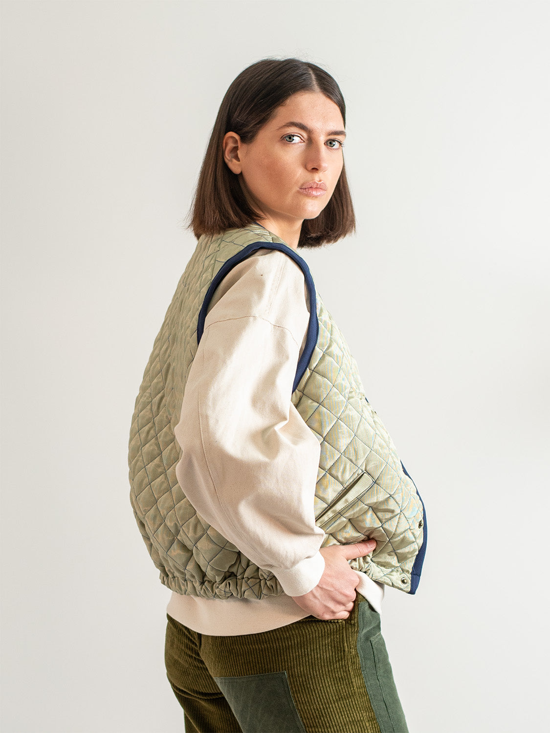 Sage Cotton Moiré Quilted Vest