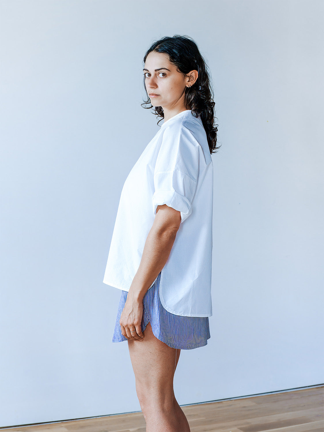 White Linen/Cotton Oversized Curved Hem Tee