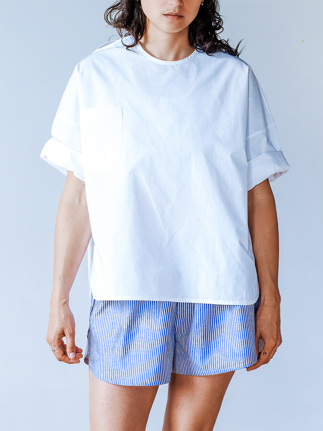 White Linen/Cotton Oversized Curved Hem Tee