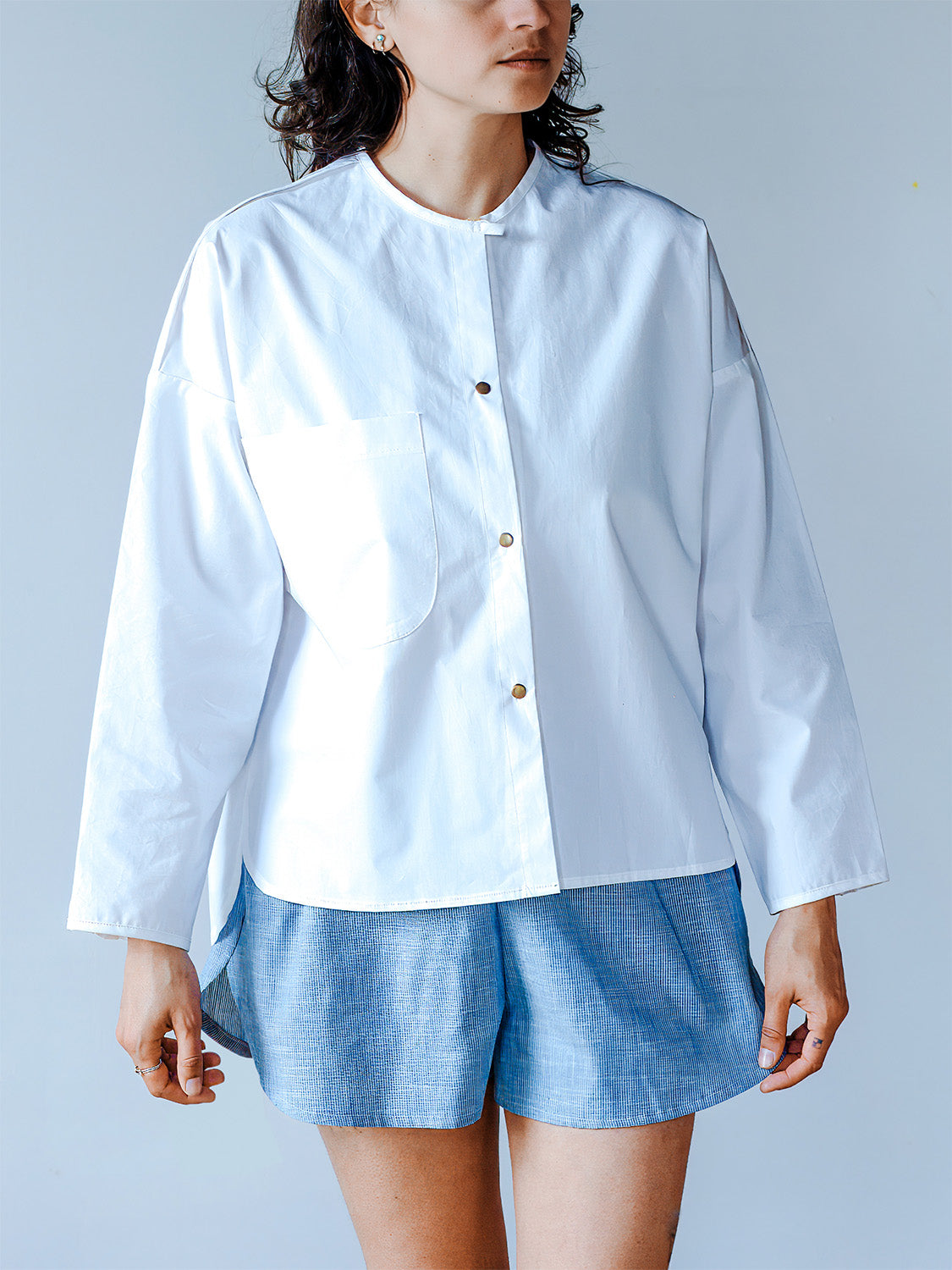 White Cotton Boxy Fit Snap Front Shirt