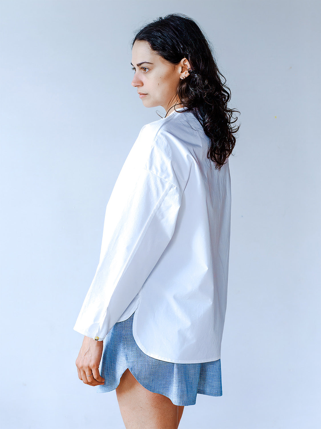 White Cotton Boxy Fit Snap Front Shirt
