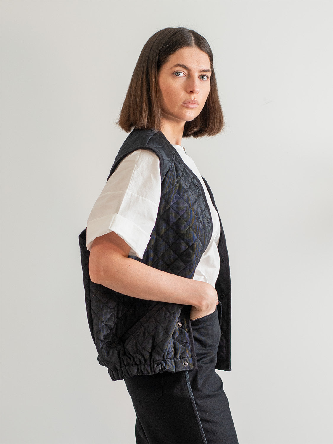 Black Cotton Moiré Quilted Vest